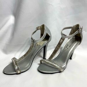 Women’s size 5.5 Madeline Stuart Wave silver high heels with rhinestones guc